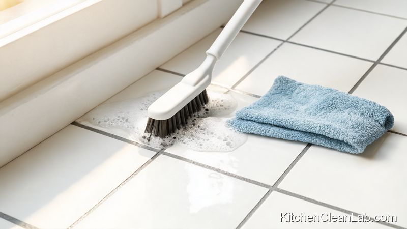Scrubbing kitchen floor grout lines during the final day of a spring deep clean