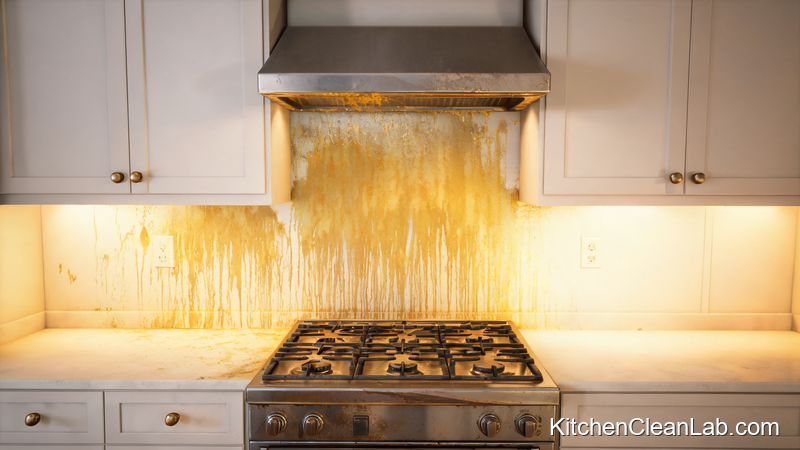 Sticky yellow grease buildup on kitchen wall behind gas range