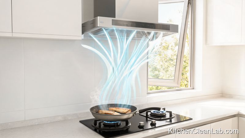 Range hood fan on high removing fried fish odor from kitchen