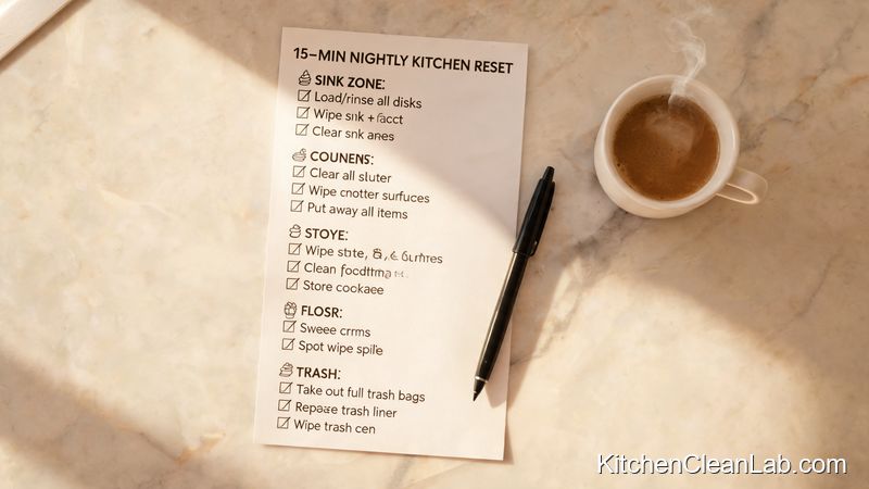 nightly kitchen reset checklist organized by zones for busy families