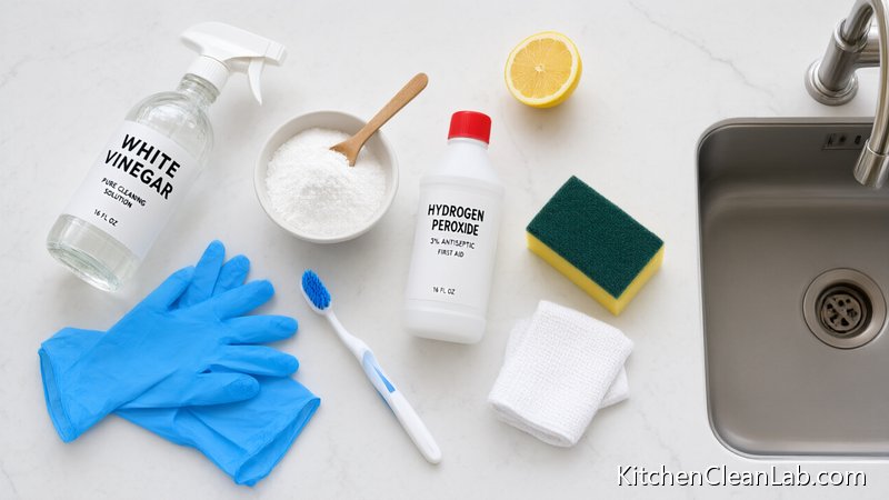 White vinegar, baking soda, hydrogen peroxide, gloves, and a toothbrush for cleaning mold from caulk around kitchen sink