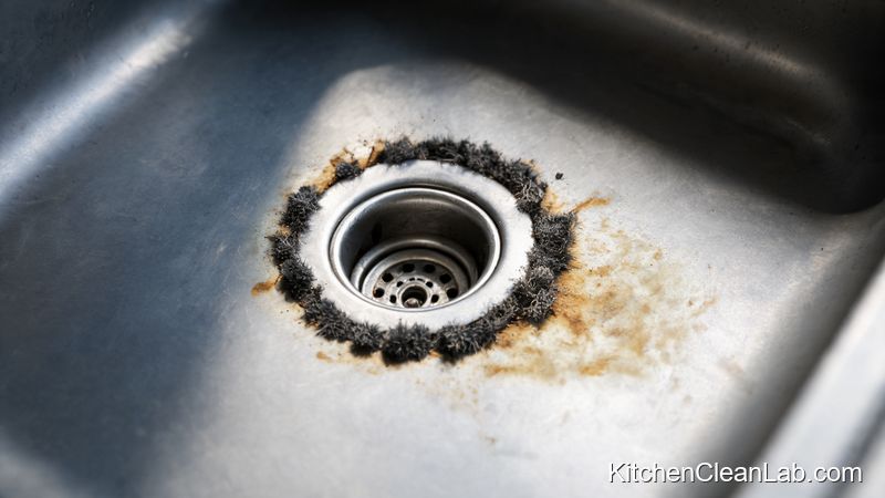 Close-up of black mold spots around a stainless steel kitchen sink drain before tea tree oil treatment