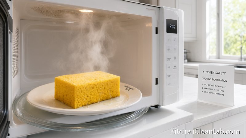 Microwave sanitizing a wet kitchen sponge to kill bacteria and E. coli