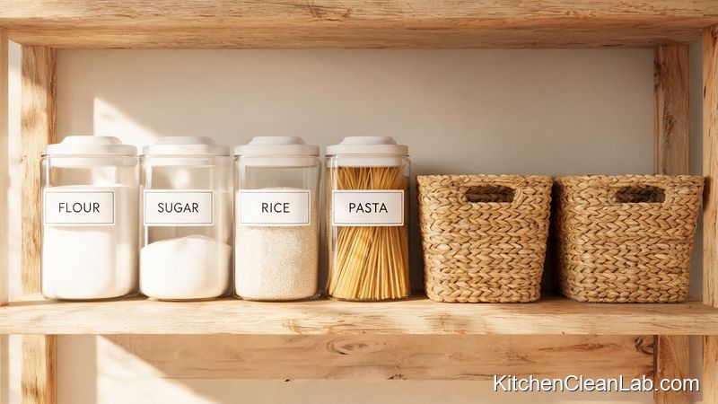 Labeled storage containers keeping a spotless kitchen organized