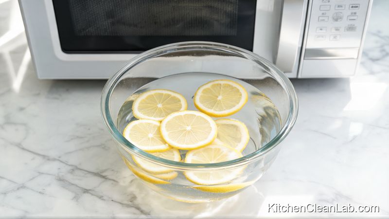 DIY microwave cleaner setup with lemon slices in a microwave-safe bowl for steam cleaning