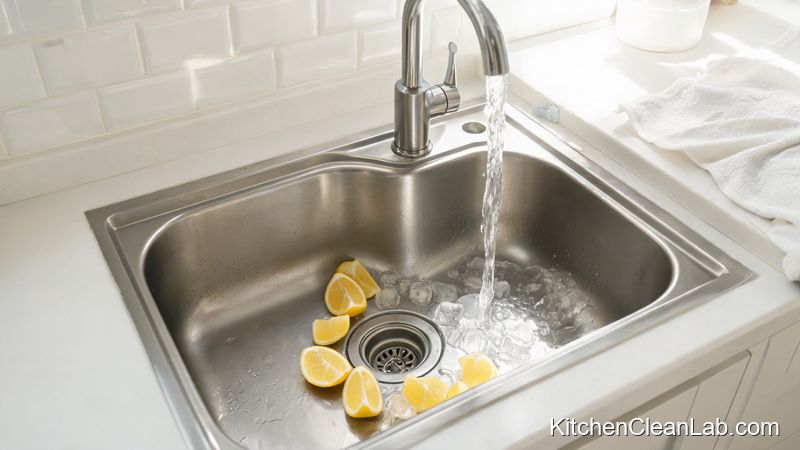 Cold water running while lemon wedges clean a garbage disposal safely