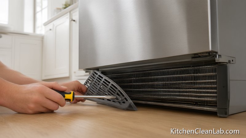 Locating refrigerator condenser coils under the kickplate to clean