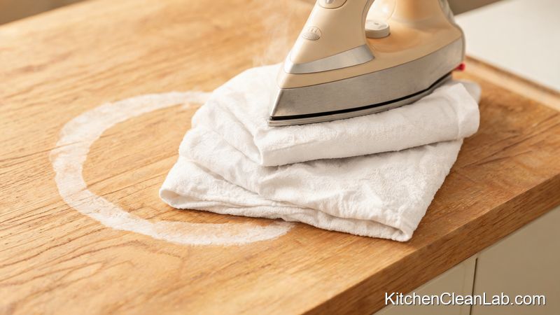 Warm iron pressing a cotton cloth over a white water ring on a wood kitchen island top