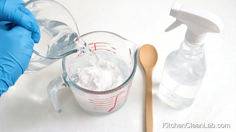 hands wearing nitrile gloves mixing washing soda degreaser spray in a glass measuring cup
