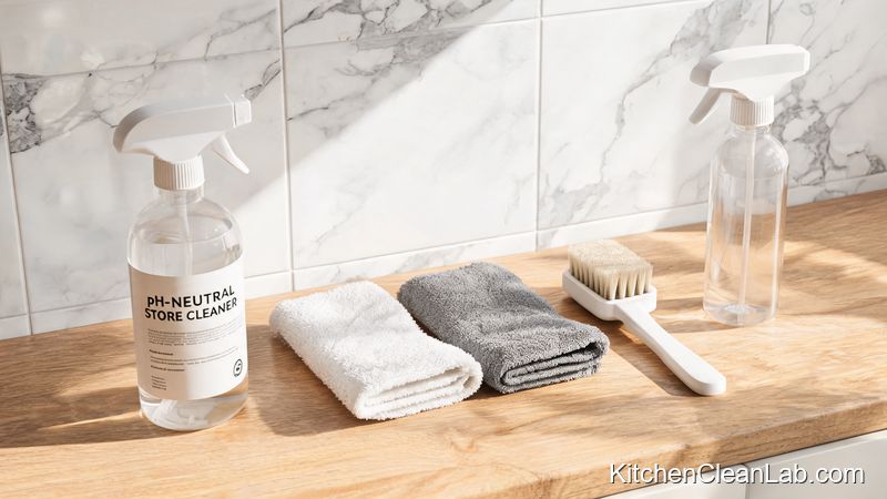 White marble kitchen backsplash with pH-neutral stone cleaner and microfiber cloth cleaning supplies