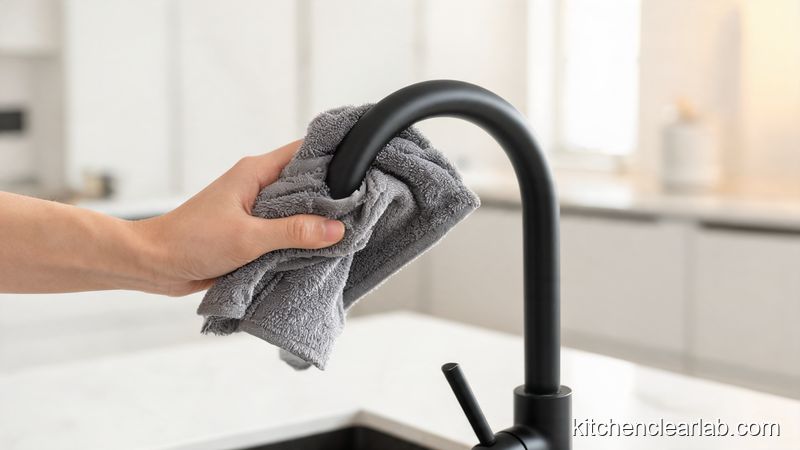 Hand wiping matte black kitchen faucet with microfiber cloth to avoid scratches