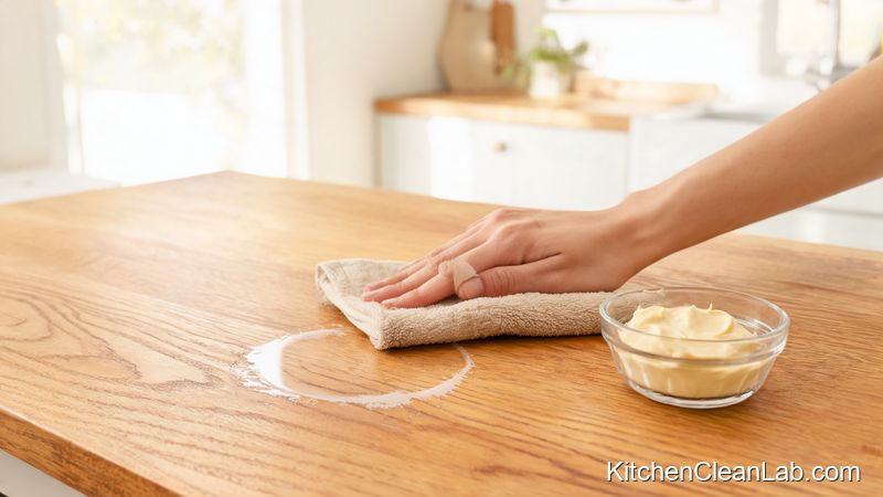 Applying full-fat mayonnaise over a white water ring on a wooden kitchen island surface