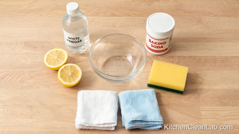 Flat lay of lemon halves, white vinegar, baking soda, microfiber cloths, and glass bowl used for natural microwave steam cleaning