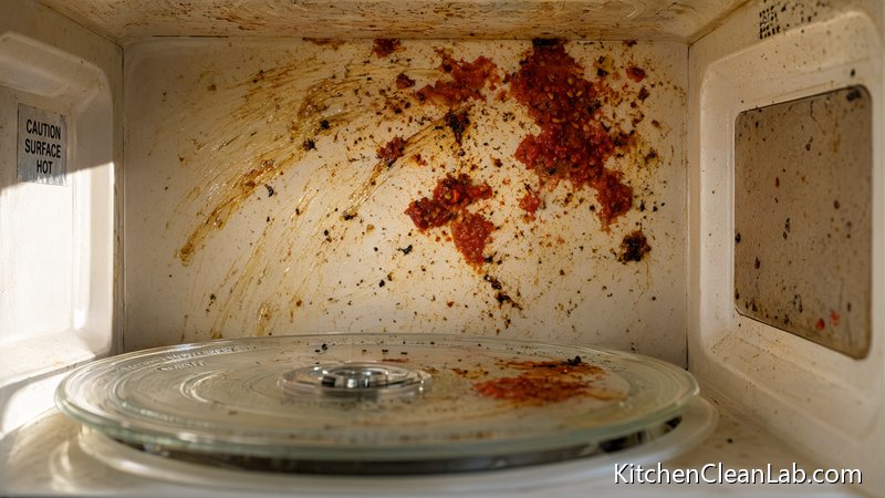 Food splatter and grease inside a microwave that makes a microwave smell bad