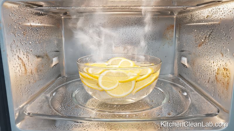 steam cleaning a microwave interior with lemon slices and condensation on walls