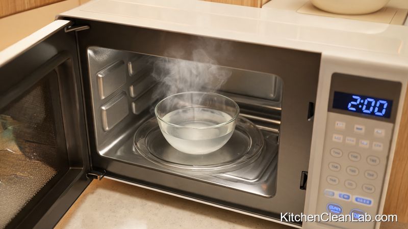 Steam cleaning a microwave with a 1 to 1 white vinegar and water mixture