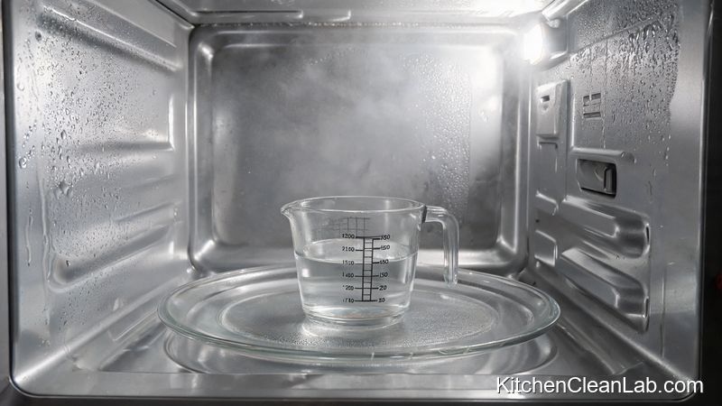 Microwave-safe bowl with vinegar and water producing steam inside a stainless steel microwave to loosen baked-on food