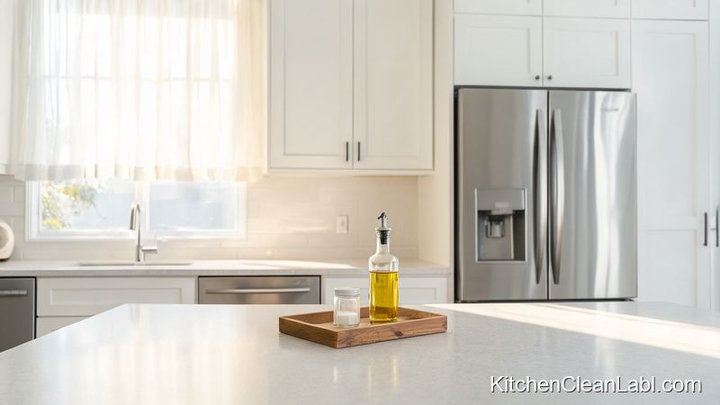 Minimal clear kitchen countertop with small tray of cooking oil and salt for easy daily cleaning