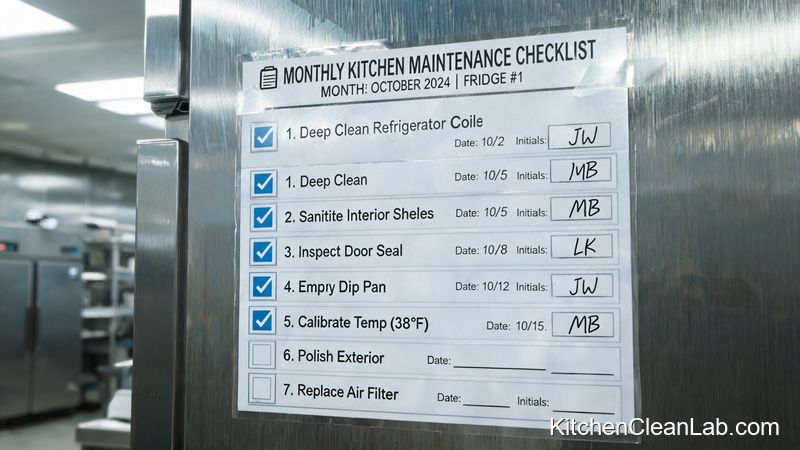monthly kitchen maintenance checklist posted inside a commercial kitchen