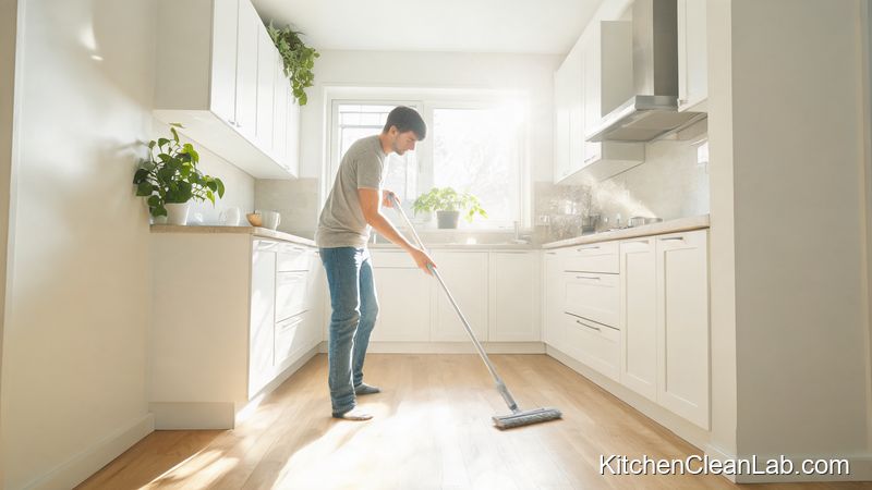 Mopping kitchen floor as final step of weekly kitchen cleaning checklist