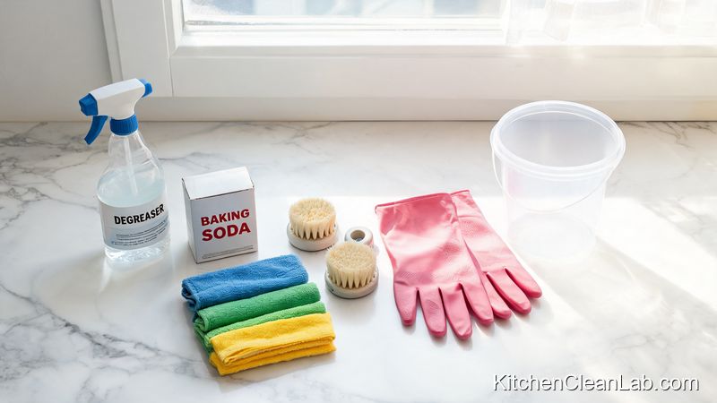 Move out kitchen deep clean supplies including degreaser, baking soda, microfiber cloths, and scrub brushes