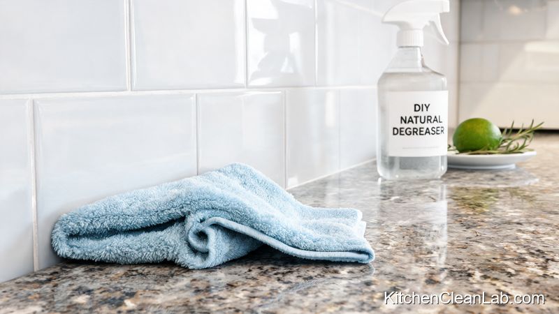 wiping sealed granite countertop and ceramic tile backsplash with natural washing soda degreaser spray