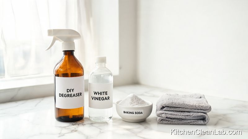 DIY non-toxic degreaser spray bottle with vinegar and baking soda on kitchen counter