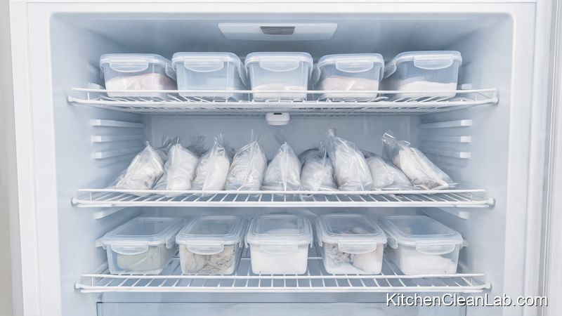 Organized freezer with sealed containers to prevent ice cube machine odors from food absorption