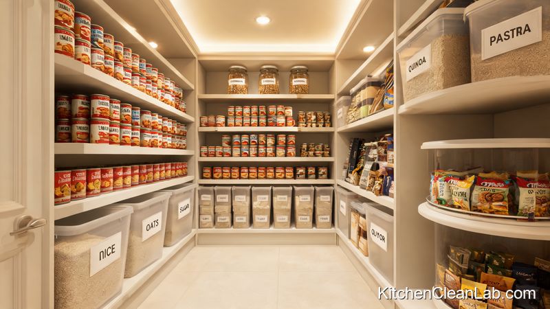 Fully organized pantry shelves with labeled bins can risers and clear containers after one afternoon reset