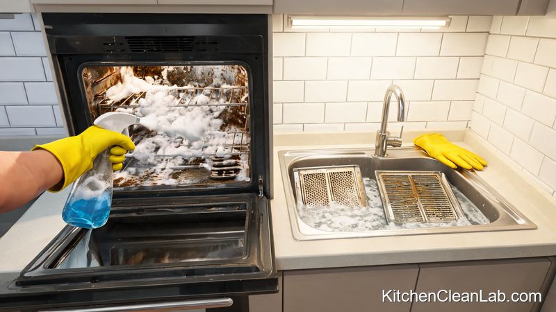 Oven degreasing and range hood filter soaking in a kitchen deep cleaning routine