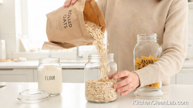 Decanting oats into airtight glass pantry jars for shelf organization