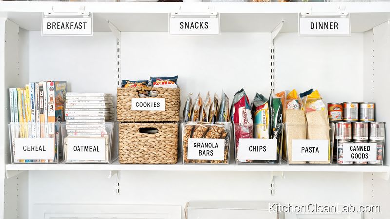Labeled pantry bins and woven baskets arranged in zone-based pantry shelf system