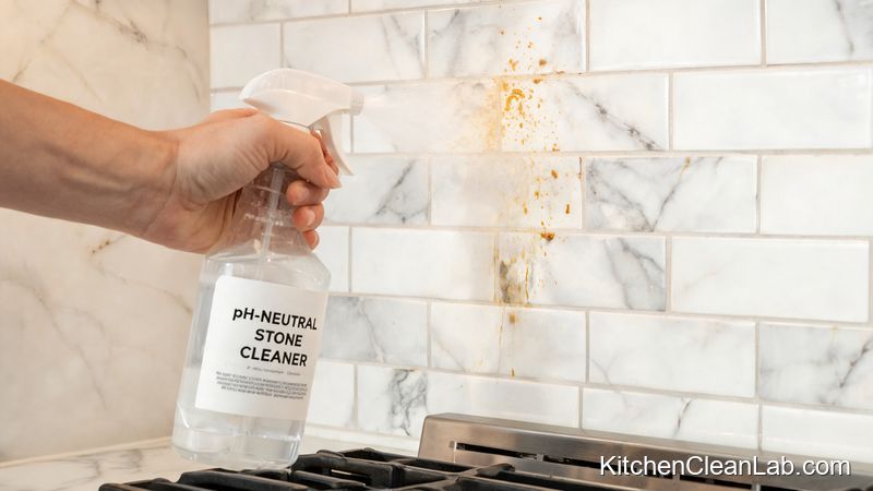 Applying pH-neutral stone cleaner to greasy marble tile backsplash with microfiber cloth