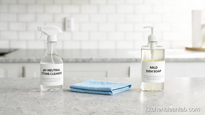 pH-neutral quartz countertop cleaner with microfiber cloth and dish soap on a gray quartz surface