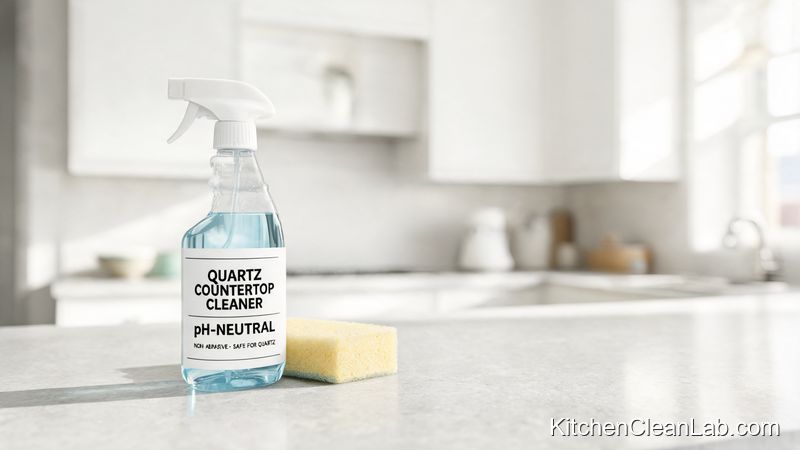 pH-neutral spray cleaner and soft sponge for non-porous quartz countertop stain prevention