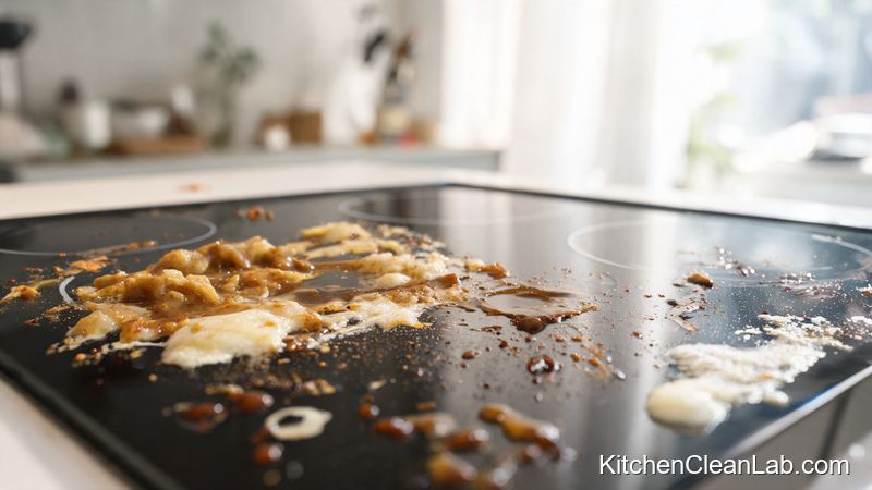 Close-up of polymerized turkey grease and gravy splatter on a glass stove top after holiday dinner