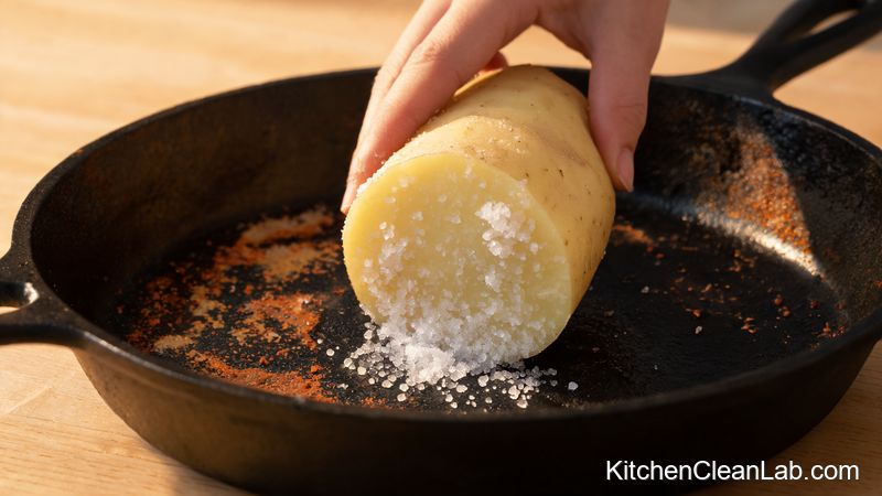 Raw potato half dipped in coarse salt scrubbing a cast iron skillet to remove light rust and starchy residue