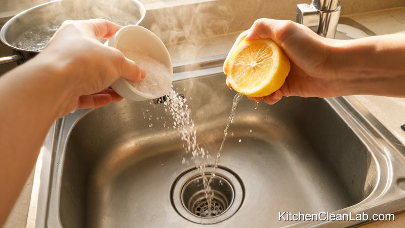 Pouring salt and lemon juice down kitchen sink drain to remove odors