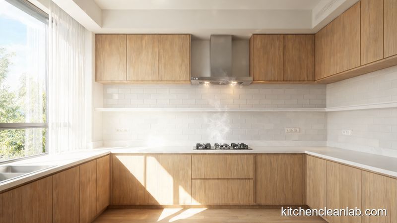 Buffed-dry wood kitchen cabinets with a soft cloth after removing sticky grease residue