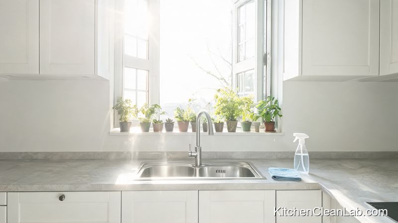 Open kitchen window providing ventilation while cleaning mold with tea tree oil spray