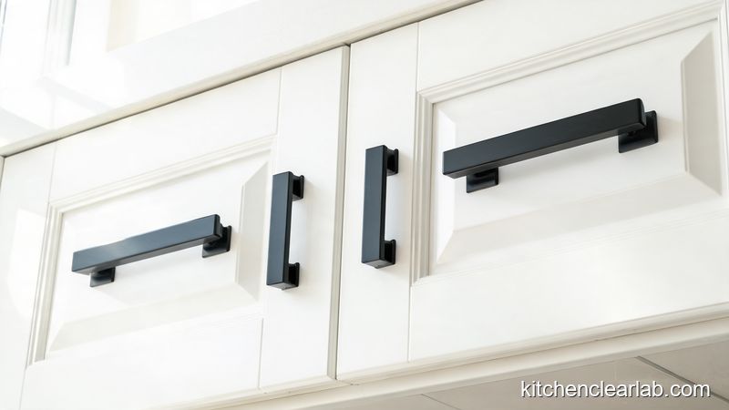 Close-up of PVD coated matte black cabinet pulls with intact scratch-free finish