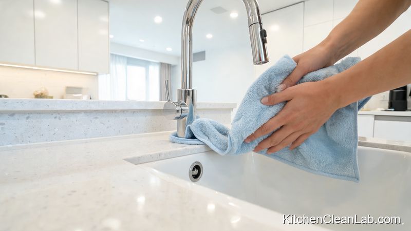 Drying white quartz countertop sink edges with microfiber towel to prevent water spots and soap scum buildup
