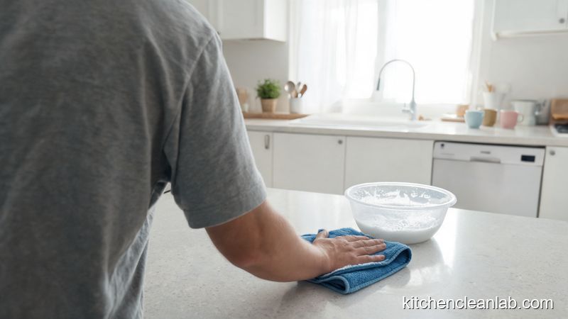 Daily quartz countertop cleaning routine with microfiber cloth and soapy water in a bright kitchen