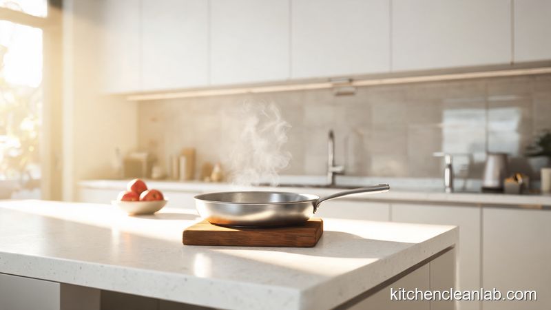 Hot frying pan placed on a wooden trivet to protect a white quartz countertop from heat damage