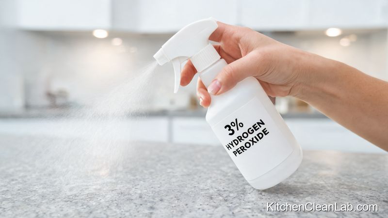 Spraying 3 percent hydrogen peroxide on a quartz kitchen countertop for disinfection