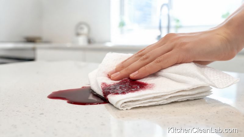 blotting a red wine spill on a white quartz countertop with paper towel