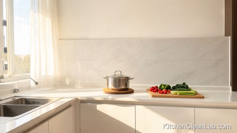 modern kitchen with white quartz countertop using wooden trivet under hot pot