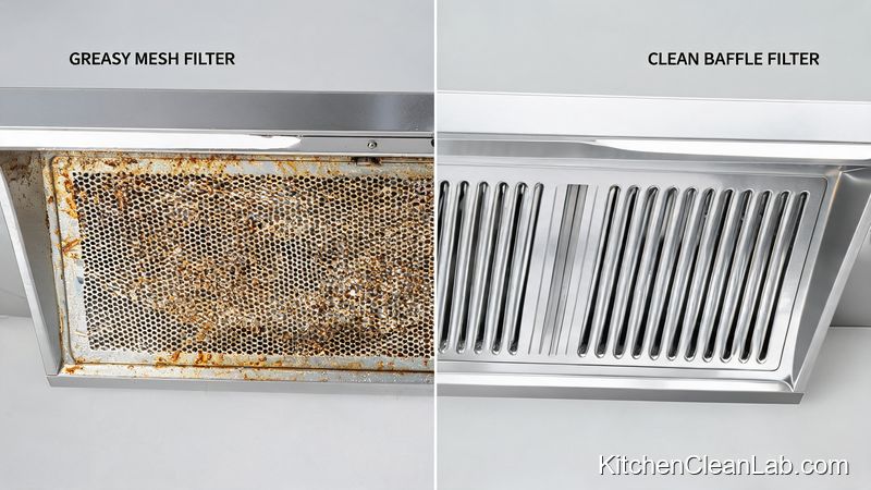 Greasy range hood filter before and after cleaning showing yellowed mesh and restored metal baffle