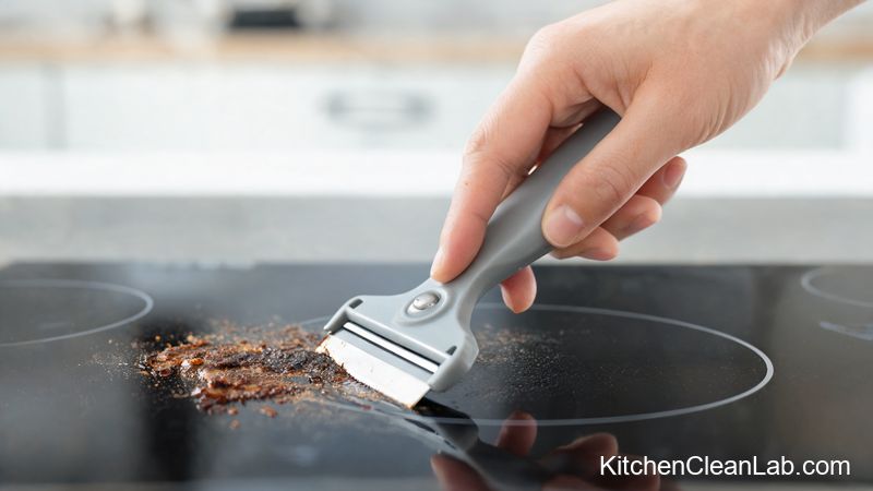 Safe razor scraper angle to remove burnt-on food from glass cooktops without scratching