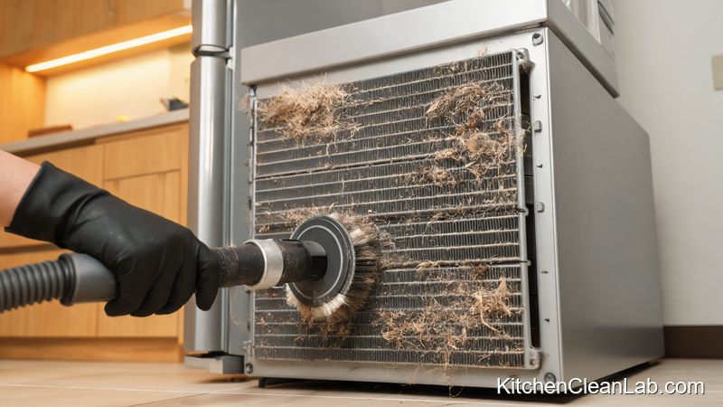 Vacuuming refrigerator condenser coils for spring kitchen appliance maintenance